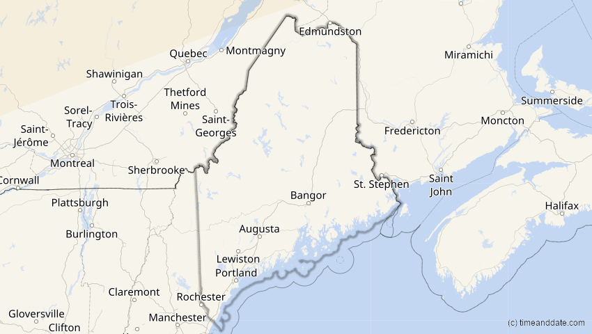 A map of Maine, USA, showing the path of the 30. Mär 2033 Totale Sonnenfinsternis