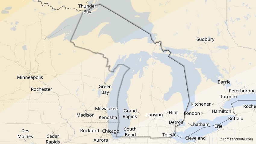 A map of Michigan, USA, showing the path of the 30. Mär 2033 Totale Sonnenfinsternis