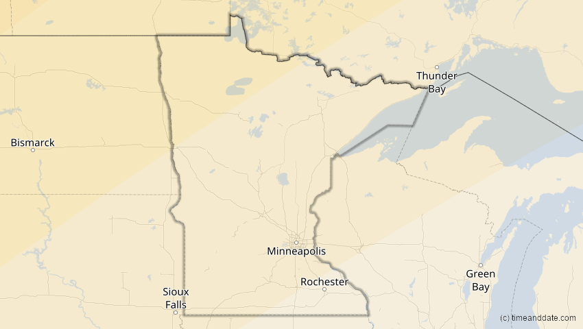 A map of Minnesota, USA, showing the path of the 30. Mär 2033 Totale Sonnenfinsternis