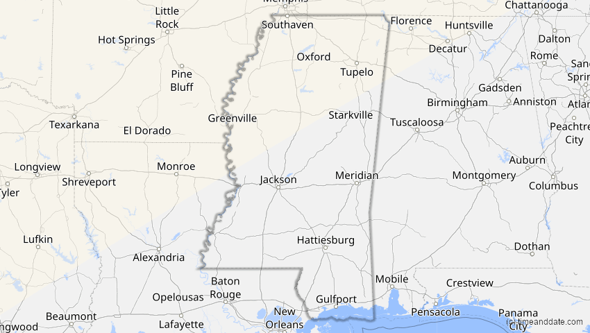 A map of Mississippi, USA, showing the path of the 30. Mär 2033 Totale Sonnenfinsternis