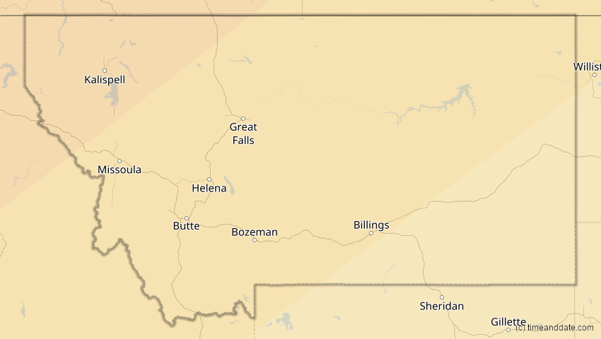 A map of Montana, USA, showing the path of the 30. Mär 2033 Totale Sonnenfinsternis