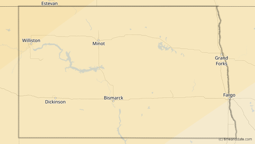 A map of North Dakota, USA, showing the path of the 30. Mär 2033 Totale Sonnenfinsternis
