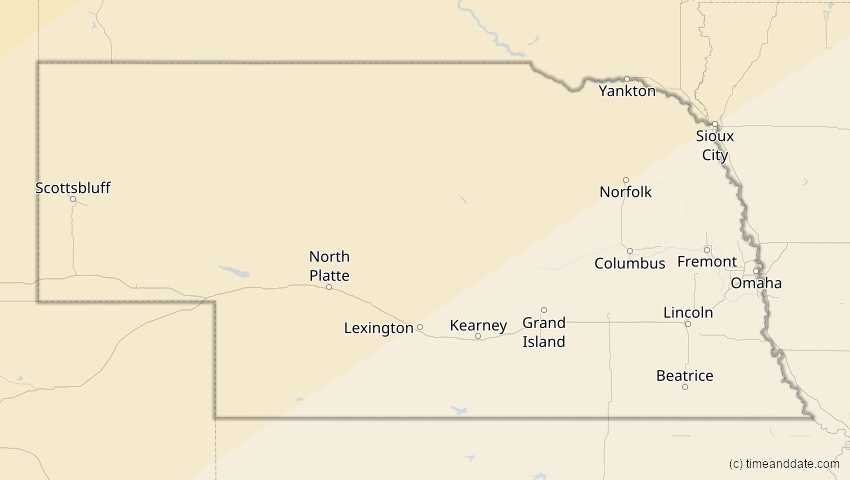 A map of Nebraska, USA, showing the path of the 30. Mär 2033 Totale Sonnenfinsternis