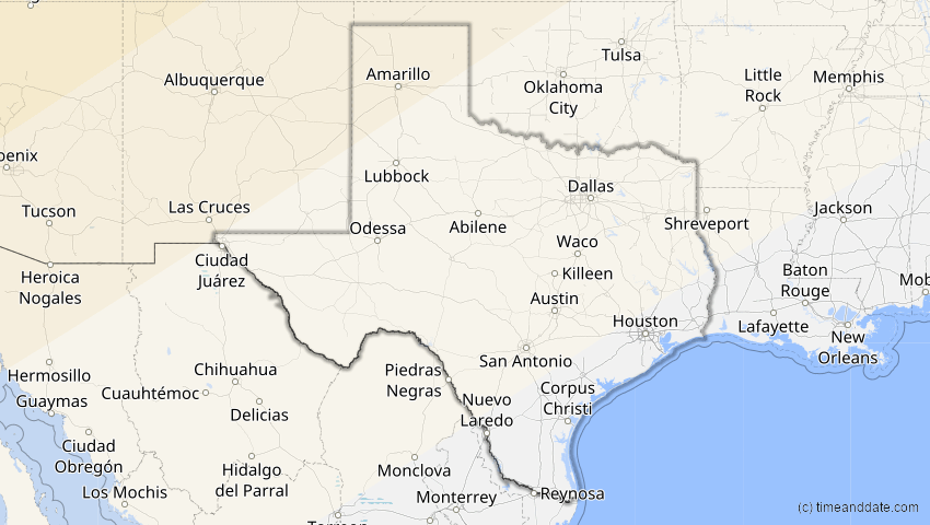 A map of Texas, USA, showing the path of the 30. Mär 2033 Totale Sonnenfinsternis