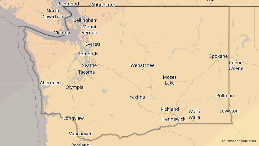 A map of Washington, USA, showing the path of the 30. Mär 2033 Totale Sonnenfinsternis