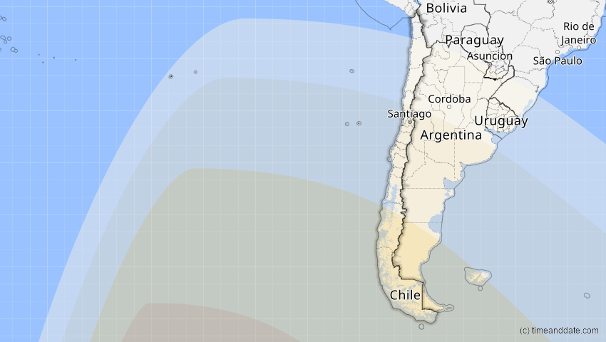 A map of Chile, showing the path of the 23. Sep 2033 Partielle Sonnenfinsternis