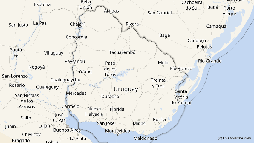 A map of Uruguay, showing the path of the 23. Sep 2033 Partielle Sonnenfinsternis