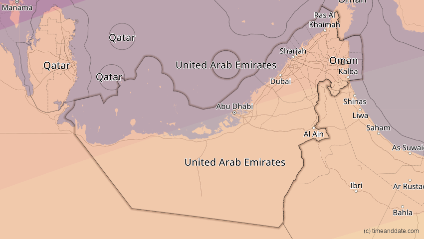 A map of Vereinigte Arabische Emirate, showing the path of the 20. Mär 2034 Totale Sonnenfinsternis