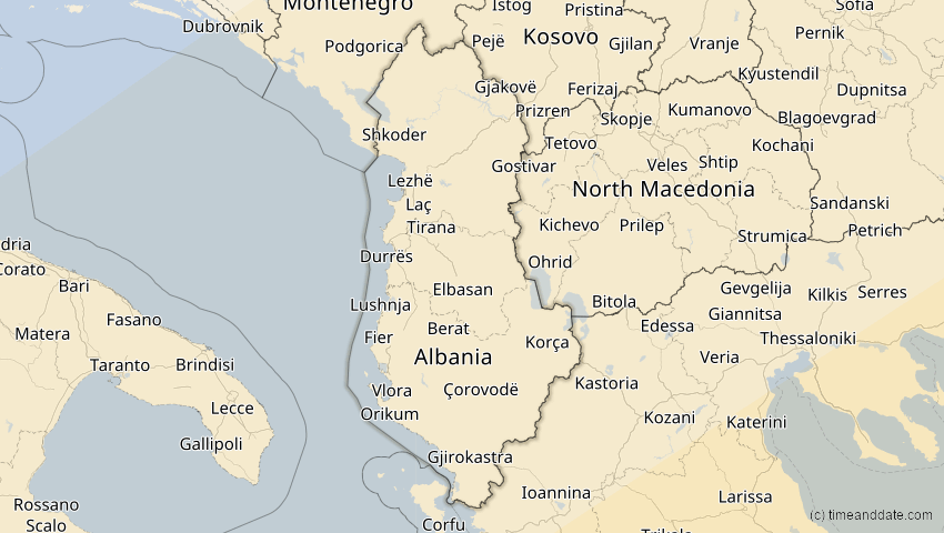 A map of Albanien, showing the path of the 20. Mär 2034 Totale Sonnenfinsternis