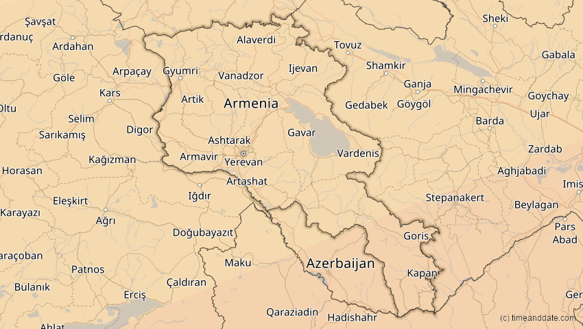 A map of Armenien, showing the path of the 20. Mär 2034 Totale Sonnenfinsternis