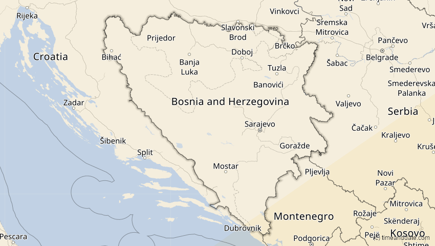 A map of Bosnien und Herzegowina, showing the path of the 20. Mär 2034 Totale Sonnenfinsternis