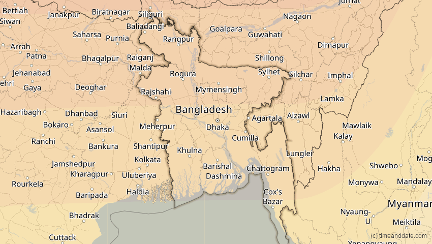 A map of Bangladesch, showing the path of the 20. Mär 2034 Totale Sonnenfinsternis
