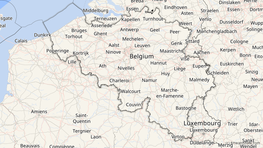 A map of Belgien, showing the path of the 20. Mär 2034 Totale Sonnenfinsternis