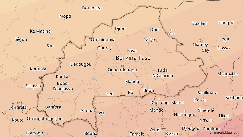 A map of Burkina Faso, showing the path of the 20. Mär 2034 Totale Sonnenfinsternis