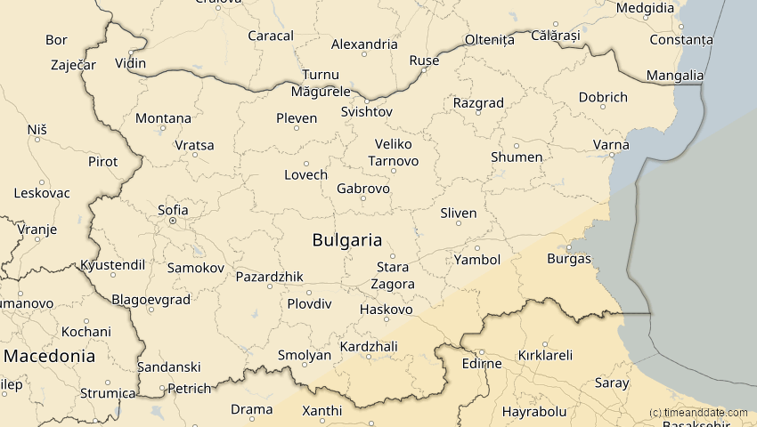 A map of Bulgarien, showing the path of the 20. Mär 2034 Totale Sonnenfinsternis