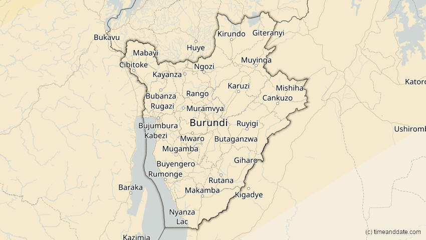 A map of Burundi, showing the path of the 20. Mär 2034 Totale Sonnenfinsternis