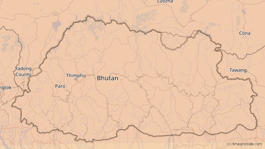 A map of Bhutan, showing the path of the 20. Mär 2034 Totale Sonnenfinsternis