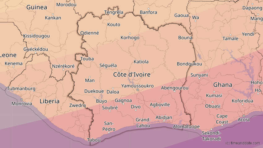 A map of Elfenbeinküste (Côte d'Ivoire), showing the path of the 20. Mär 2034 Totale Sonnenfinsternis