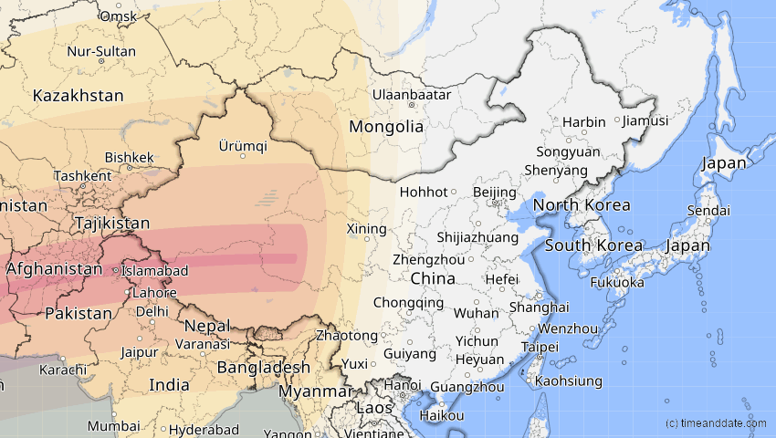 A map of China, showing the path of the 20. Mär 2034 Totale Sonnenfinsternis
