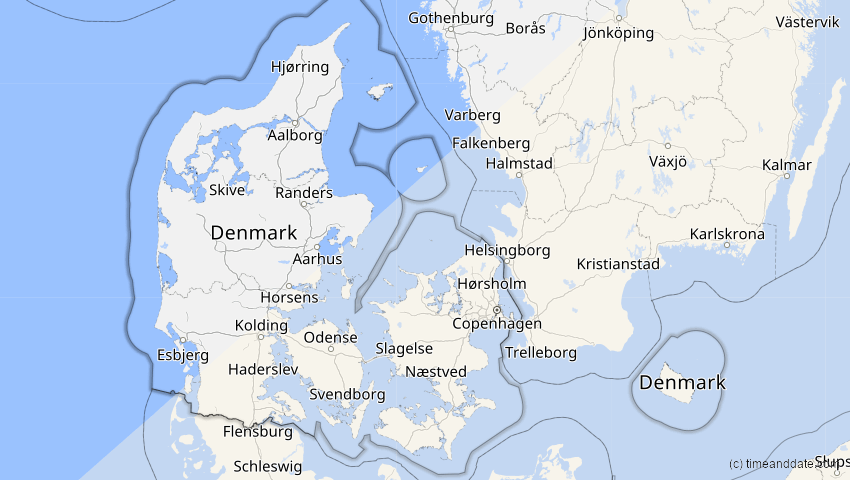 A map of Dänemark, showing the path of the 20. Mär 2034 Totale Sonnenfinsternis
