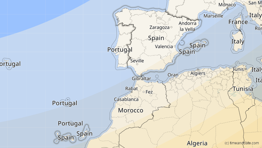 A map of Spanien, showing the path of the 20. Mär 2034 Totale Sonnenfinsternis
