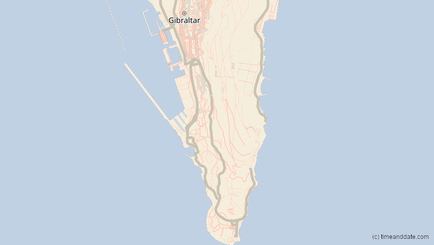 A map of Gibraltar, showing the path of the 20. Mär 2034 Totale Sonnenfinsternis