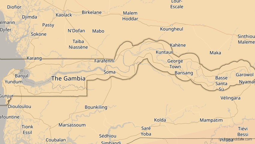 A map of Gambia, showing the path of the 20. Mär 2034 Totale Sonnenfinsternis