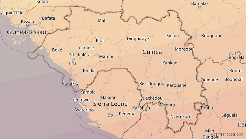 A map of Guinea, showing the path of the 20. Mär 2034 Totale Sonnenfinsternis
