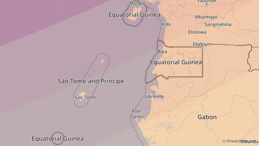 A map of Äquatorialguinea, showing the path of the 20. Mär 2034 Totale Sonnenfinsternis