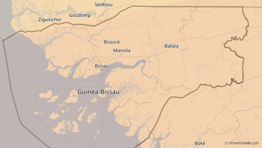 A map of Guinea-Bissau, showing the path of the 20. Mär 2034 Totale Sonnenfinsternis
