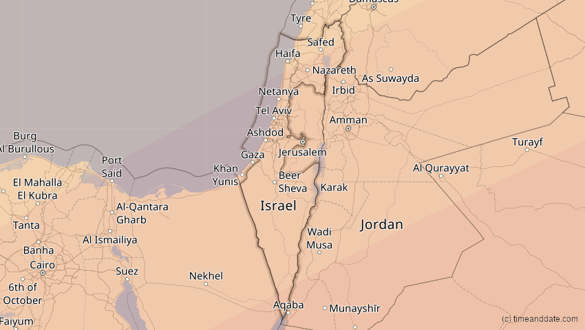A map of Israel, showing the path of the 20. Mär 2034 Totale Sonnenfinsternis