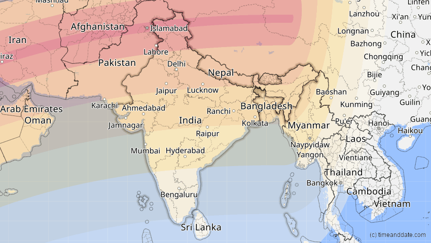 A map of Indien, showing the path of the 20. Mär 2034 Totale Sonnenfinsternis