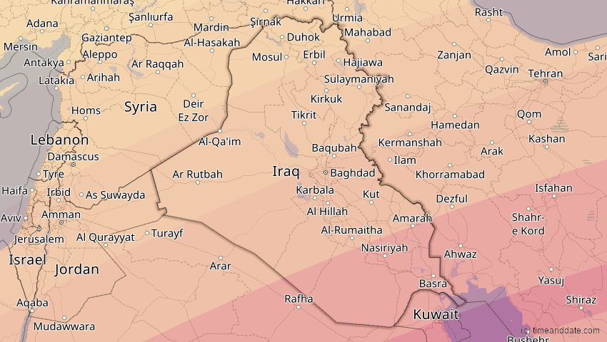 A map of Irak, showing the path of the 20. Mär 2034 Totale Sonnenfinsternis