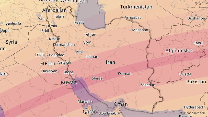 A map of Iran, showing the path of the 20. Mär 2034 Totale Sonnenfinsternis