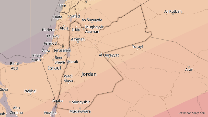 A map of Jordanien, showing the path of the 20. Mär 2034 Totale Sonnenfinsternis