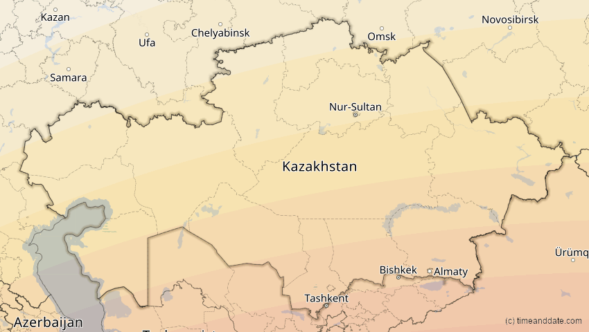 A map of Kasachstan, showing the path of the 20. Mär 2034 Totale Sonnenfinsternis