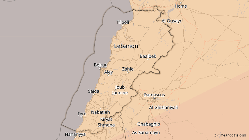 A map of Libanon, showing the path of the 20. Mär 2034 Totale Sonnenfinsternis
