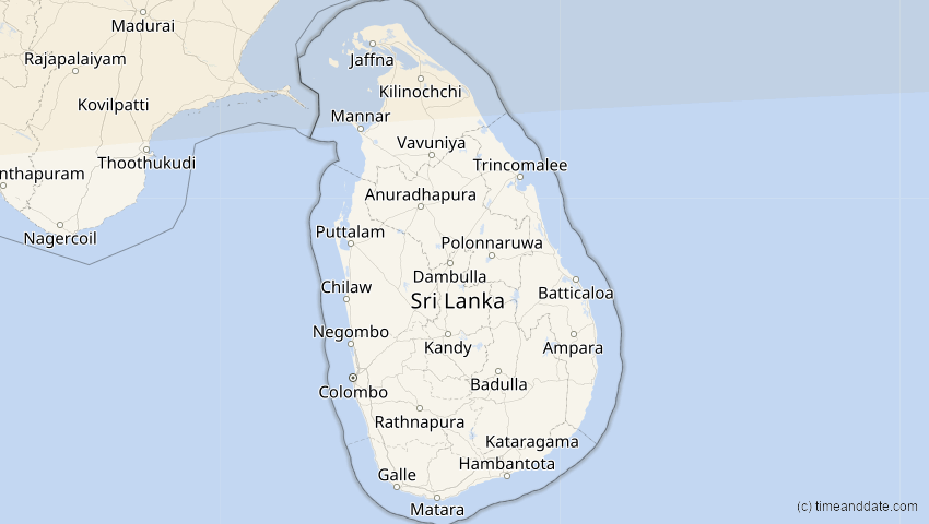 A map of Sri Lanka, showing the path of the 20. Mär 2034 Totale Sonnenfinsternis