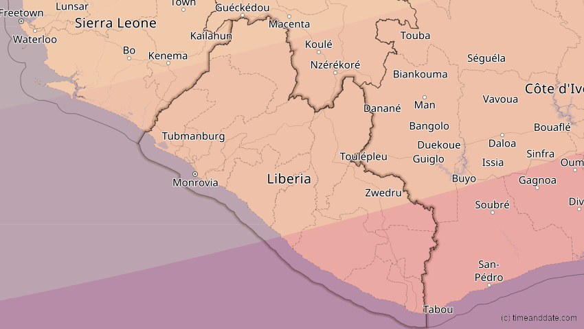 A map of Liberia, showing the path of the 20. Mär 2034 Totale Sonnenfinsternis