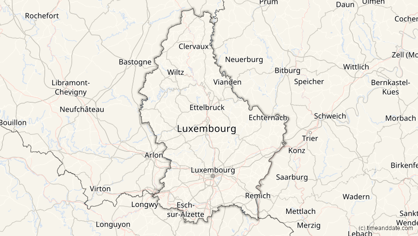 A map of Luxemburg, showing the path of the 20. Mär 2034 Totale Sonnenfinsternis