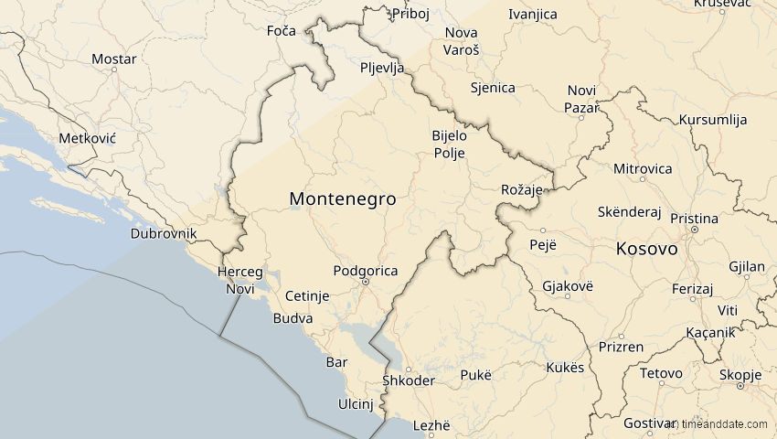 A map of Montenegro, showing the path of the 20. Mär 2034 Totale Sonnenfinsternis
