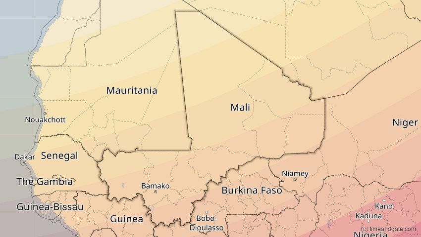 A map of Mali, showing the path of the 20. Mär 2034 Totale Sonnenfinsternis
