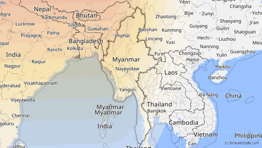 A map of Myanmar, showing the path of the 20. Mär 2034 Totale Sonnenfinsternis