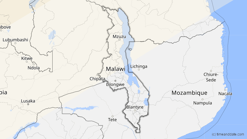 A map of Malawi, showing the path of the 20. Mär 2034 Totale Sonnenfinsternis