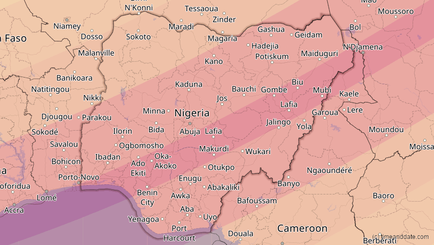 A map of Nigeria, showing the path of the 20. Mär 2034 Totale Sonnenfinsternis