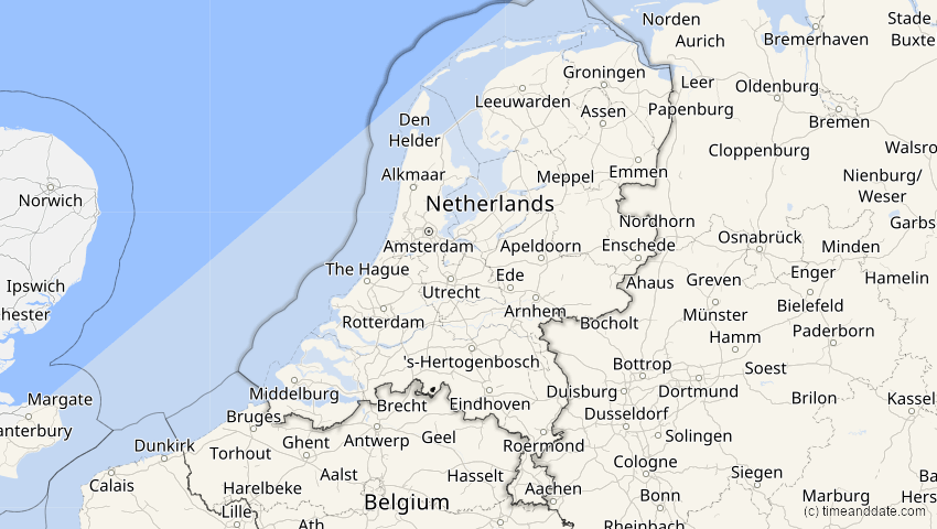 A map of Niederlande, showing the path of the 20. Mär 2034 Totale Sonnenfinsternis