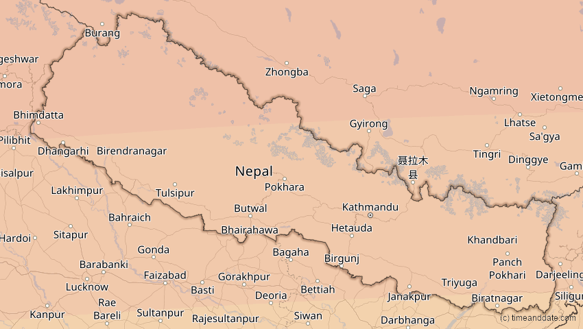 A map of Nepal, showing the path of the 20. Mär 2034 Totale Sonnenfinsternis