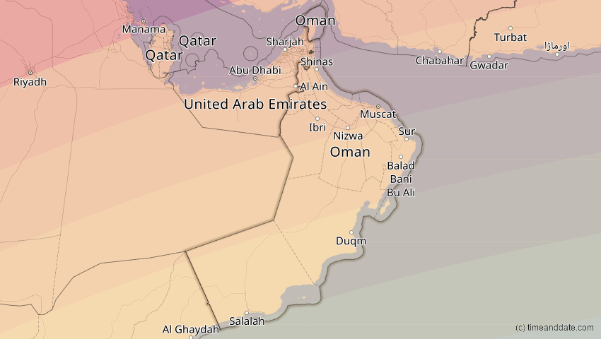 A map of Oman, showing the path of the 20. Mär 2034 Totale Sonnenfinsternis