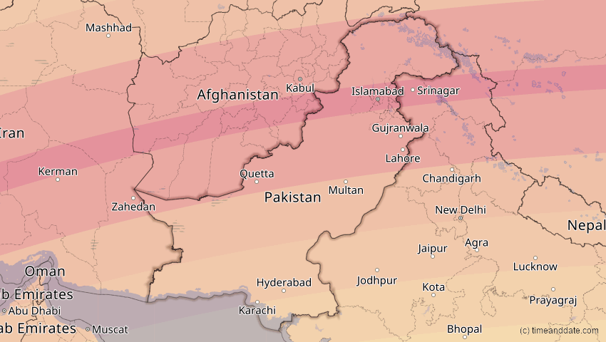 A map of Pakistan, showing the path of the 20. Mär 2034 Totale Sonnenfinsternis