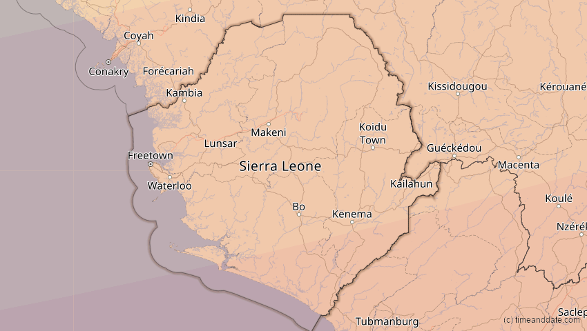 A map of Sierra Leone, showing the path of the 20. Mär 2034 Totale Sonnenfinsternis